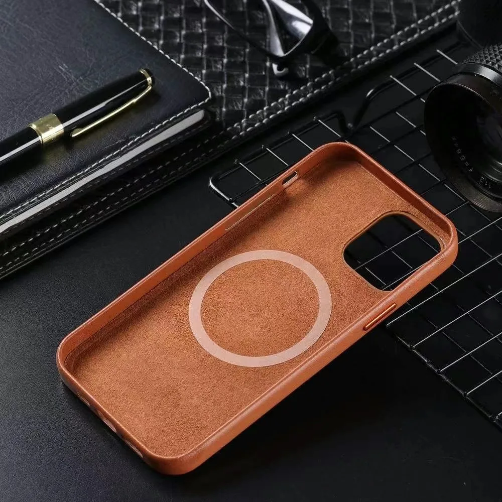 

luxury magnetic cell phone cases for iphone magsafe charging Real leather case cover for iphone 12, Black, yellow, red, navy blue, brown