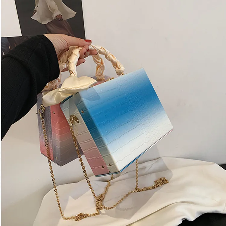 

2021 New ribbon chain gradient color square shoulder bag wholesale girls shopping wallet and phone handbags, 2 colors