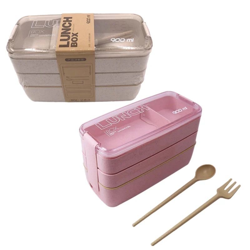 

3 Layers Lunch Box 900ml Bento Food Container Eco-Friendly Wheat Straw Healthy Material Microwavable Dinnerware Lunchbox Kitchen, Green, pink, beige