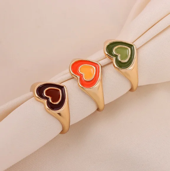 

Ins Colorful Stainless Steel Jewelry Korean Signet Ring Woman Accessories Fashion 18K Gold Plated Enamel Chunky Heart Rings, Silver/gold/silver