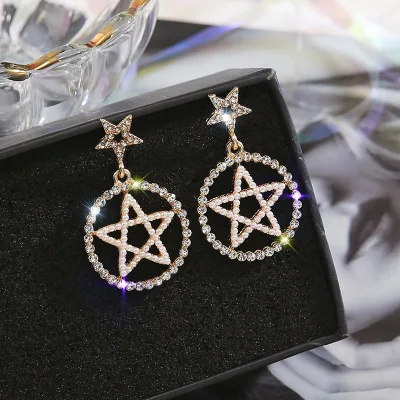 

Simple gold Pearl circle star earrings retro diamond pendant earrings, As pic