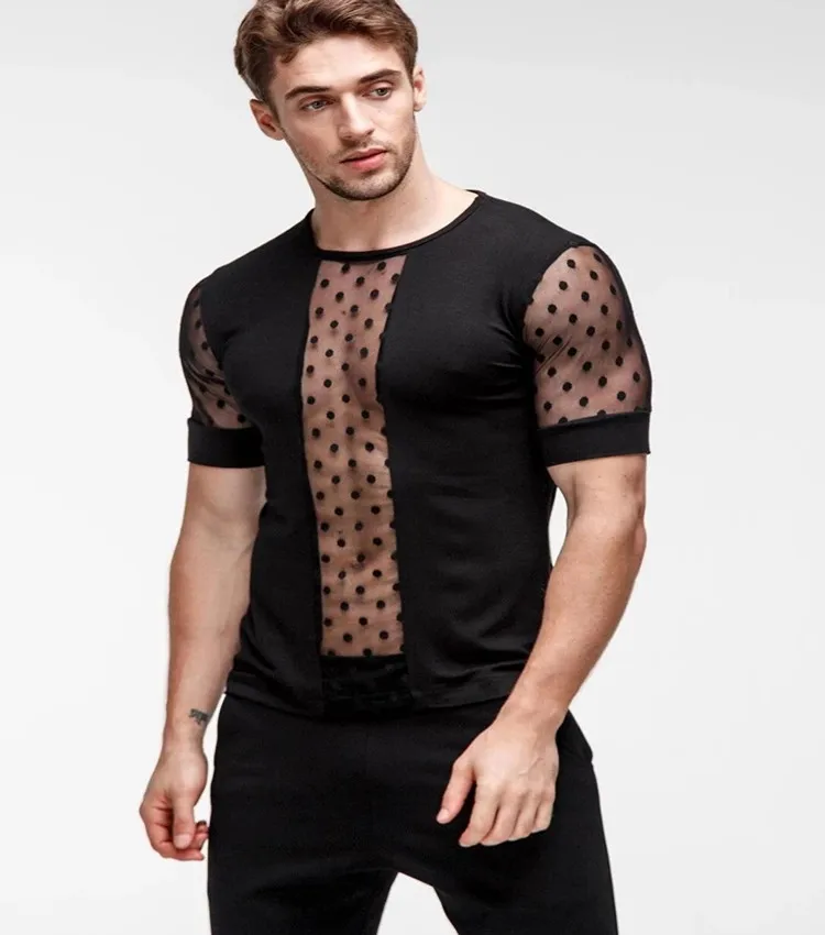 

Mens Transparent Sexy Mesh Crop Top T Shirt Clubwear Fishnet Muscle Tops Crew Sports Slim Fit Gym Training T-shirt, Customized color