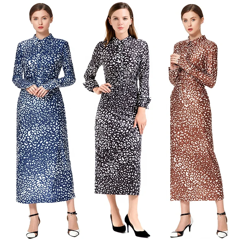 

D022 Summer Autumn High Quality Fashion Elegant Long Sleeve Print Women Career Evening Dress