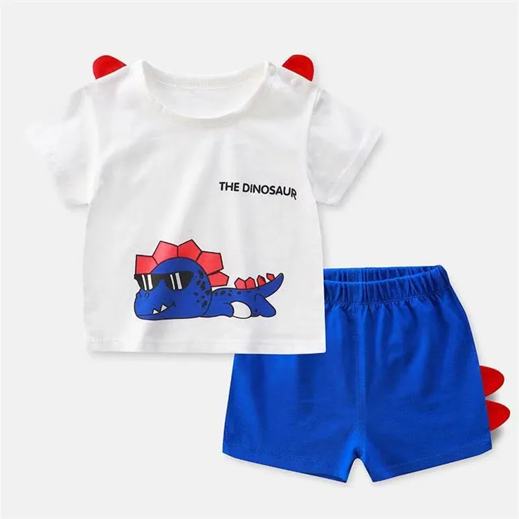 

Hot sale custom logo summer dinosaur cosplay cartoon shorts suit baby cute print short sleeve clothing set