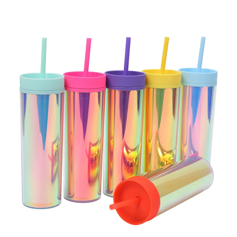 

wholesale bulk acrylic 16Oz 480ml skinny colorful cups tumblers with lid and straw simple modern double wall plastic tumbler
