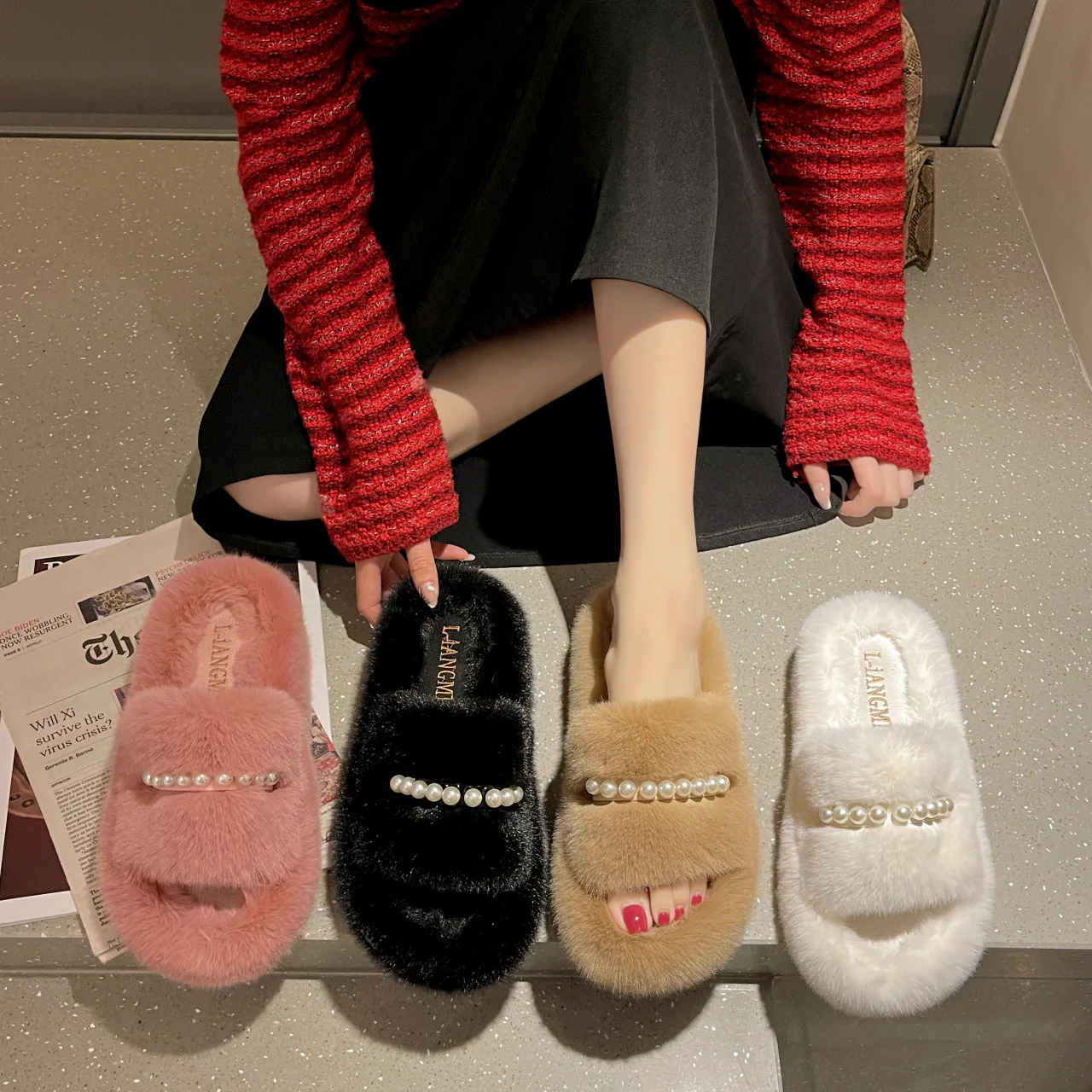 

Pearl plush slippers women's outer wear popular autumn new style round head thick bottom one word cotton mop home indoor slipper, 4 color