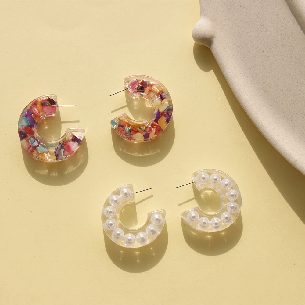 

JUHU Colorful Stone Pearl Vintage Geometric Natural Romantic C Shape Stud Earrings For Girl Party Jewelry