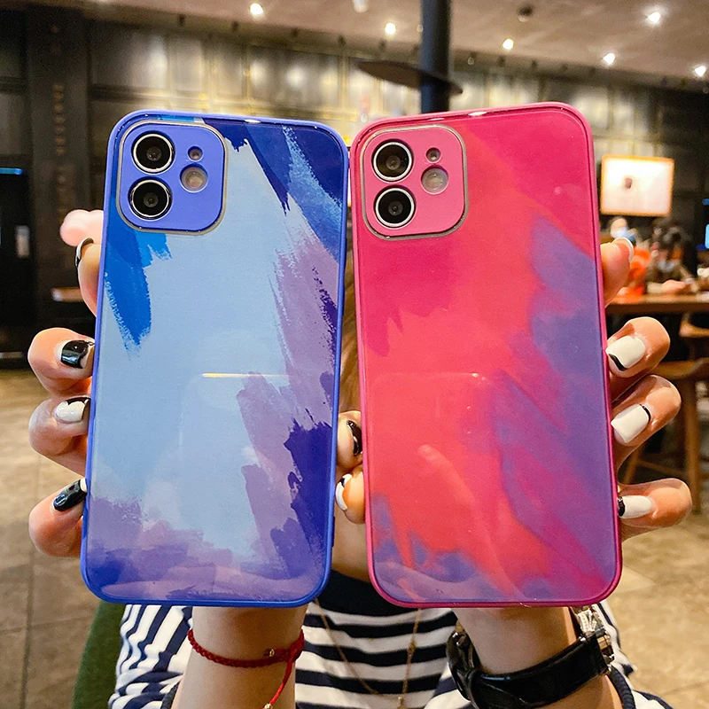 

New liquid silicone tempered film watercolor glass phone case for iphone11 11pro12 12pro back coverTPU Phone Cases, Multi-color, can be customized