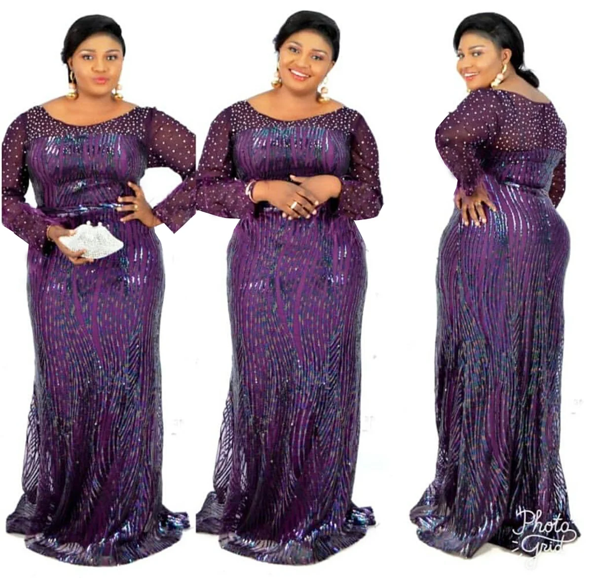 

Elegant Sequined Beaded Long Sleeve Women Casual Maxi Dress Ladies African Dresses, Purple\green