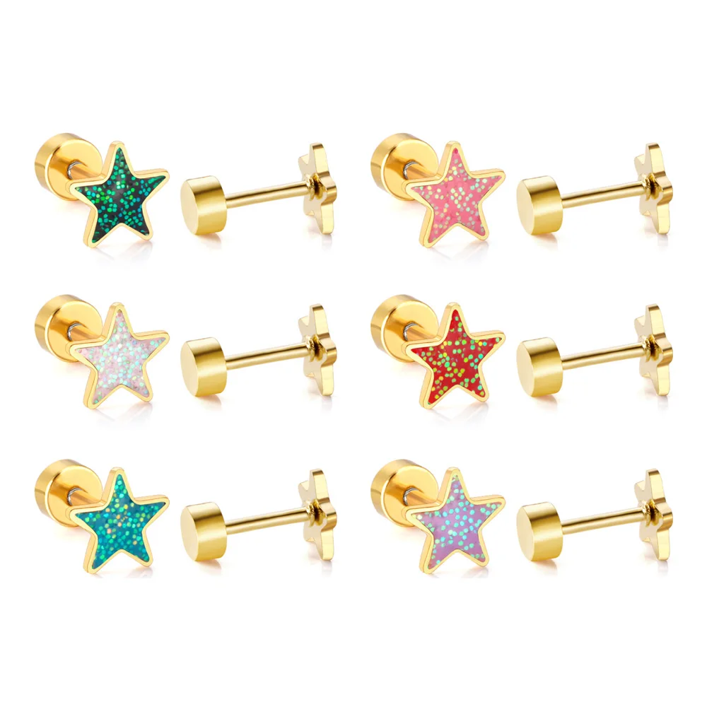 

Newest Design Kids Studs Earring Jewelry Gold Stainless Steel Shining Star Screw Earrings, Gold/silver available
