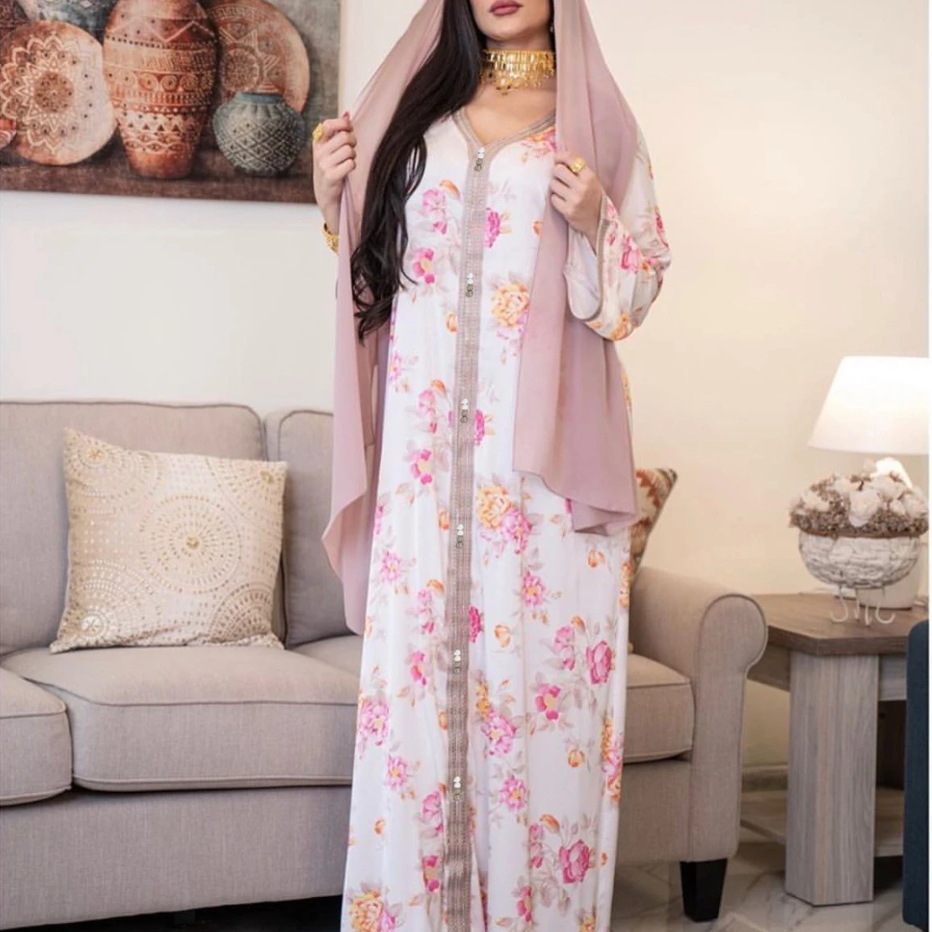 

New design maxi abaya elegant pink printing muslim dress