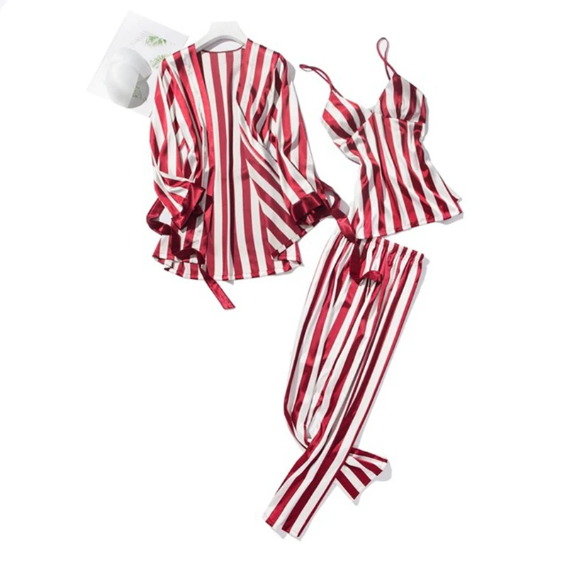 

European design sleepwear striped printed sleep skirt pajamas women polyester satin pajamas