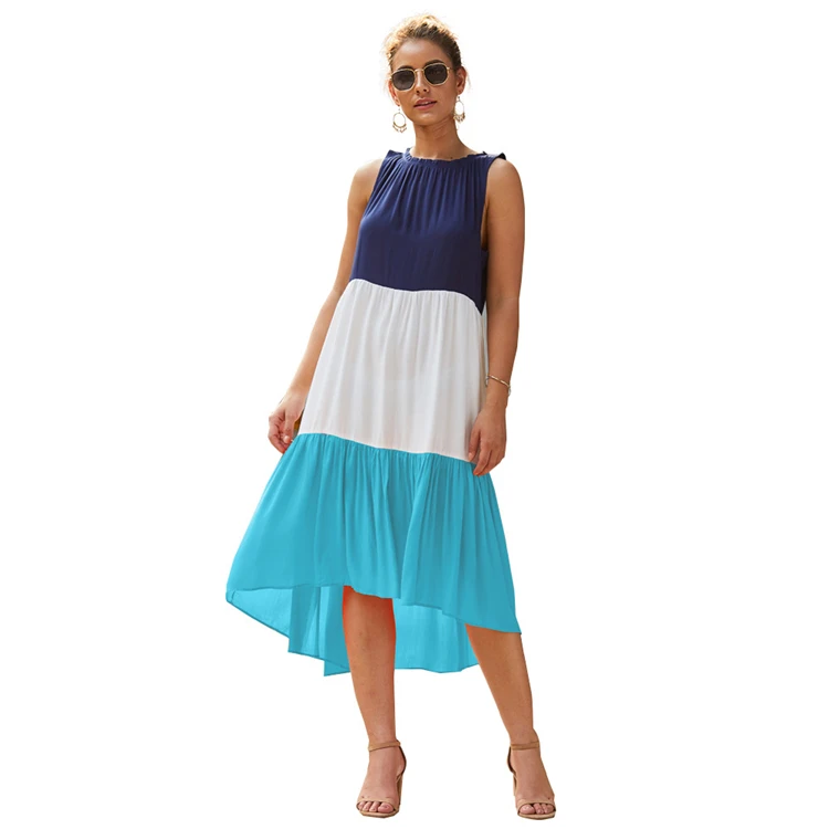 

2021 Summer Women Fashion New Sleeveless O-Neck Stitching Contrast Loose Casual Dress, Customized color/as show
