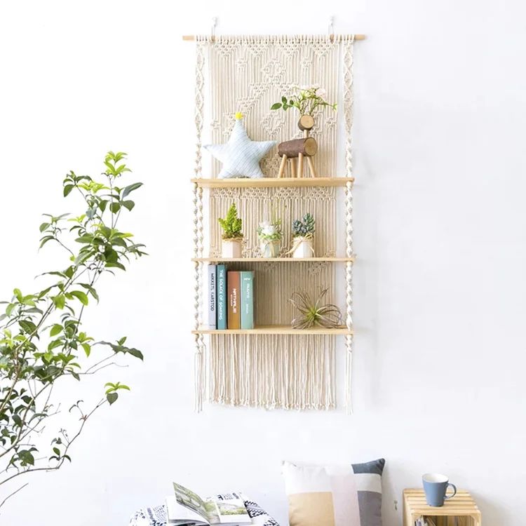 

Bohemian style macrame floating shelf macrame triple tapestry shelving wall tapestry macrame, White black or customized color