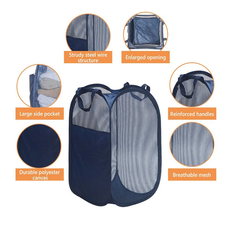 GOSTONG Foldable Mesh Pop-Up Laundry Hamper With Side Pocket - Collapsible Basket For Home & Travel