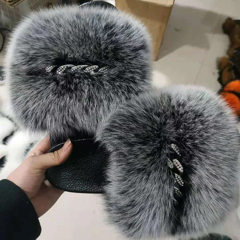 

New high quality ladies fluffy outdoor slider wholesale furry raccoon sandals fur slippers real soft fox fur slides for women, Black,grey,green,brown,pink,khaki