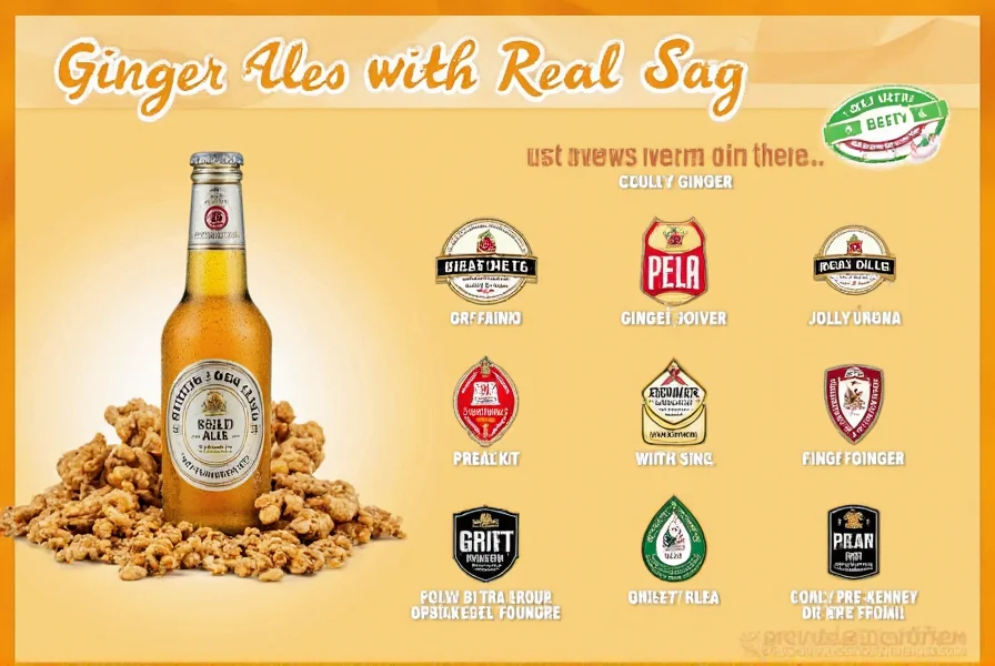 Close-up of ginger root next to ginger ale bottles showing ingredient labels with real ginger highlighted