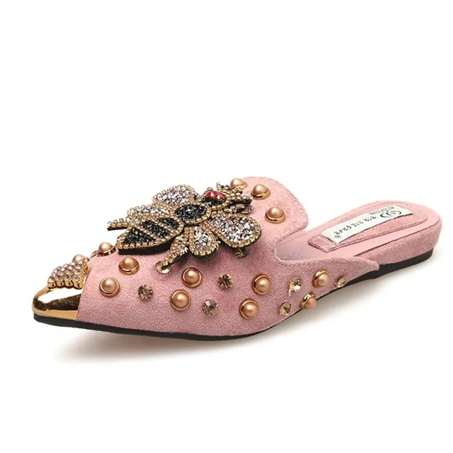 

New Arrivals Women Pointy toe Mules Backless Flats Tiny Diamond Bees Metat Rivets Studded Slippers Shoes Sexy Dress Loafers, Black pink
