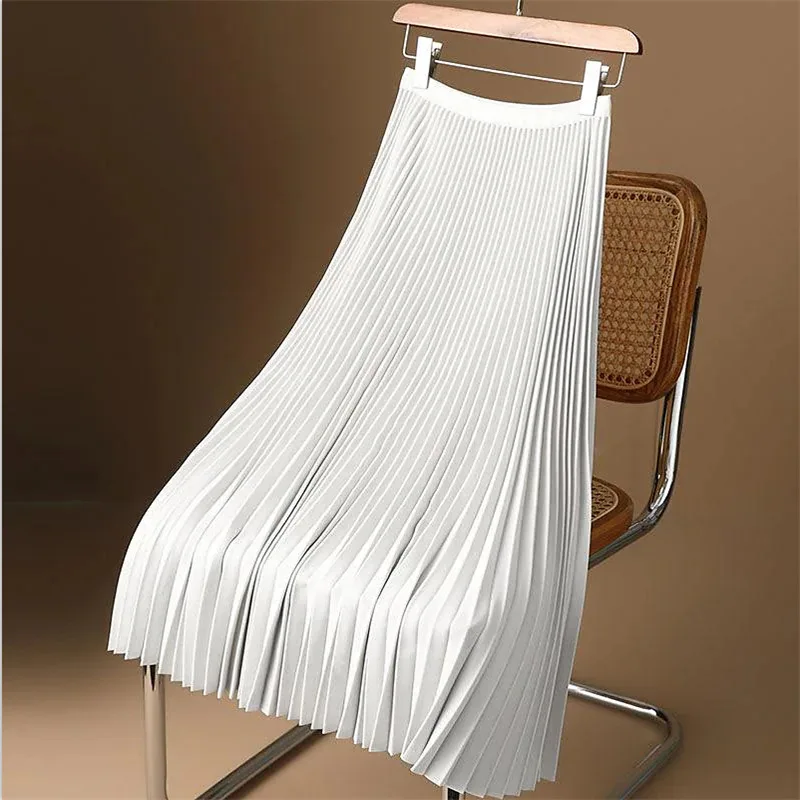 

M-4XL Plus size length Dropshipping Summer Women's Midi Pleated Skirts Satin Elastic High Waist Plain Skirt Korean A-line Skirt
