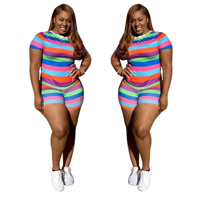 

2021 New Arrivals Women Print Stripe Biker short pants two piece Set Summer Ladies Short Sleeve T Shirt 2 Piece Short Set, Picture color