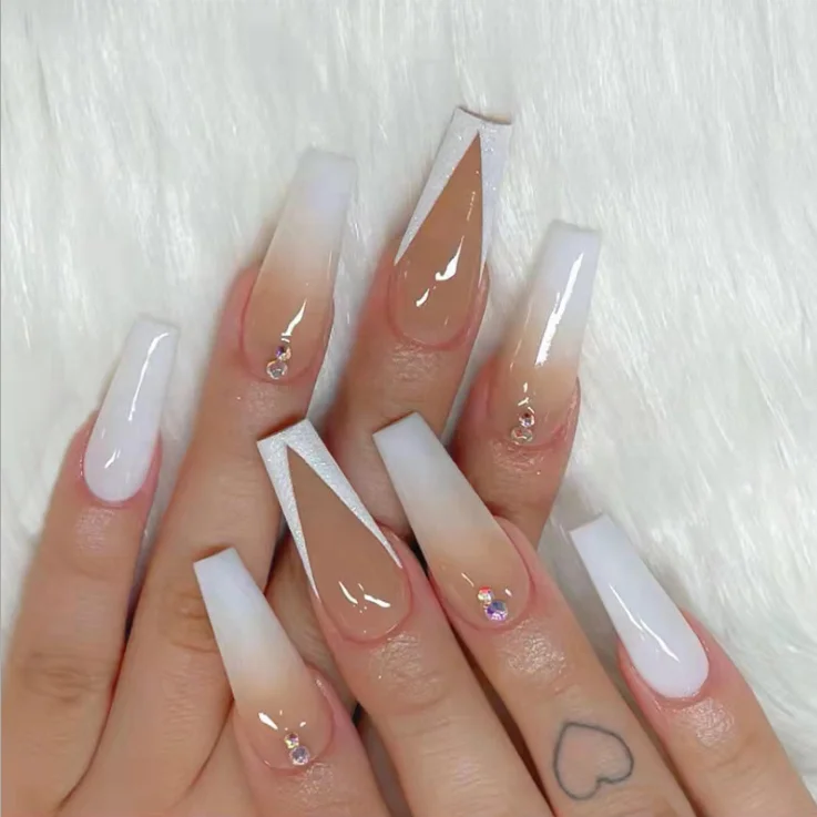 

Naixi Free Sample Latest Trendy Luxury Nails Long Ballerina White French Gems Nude Ombre Press On Nails Artificial Fake Nails, Natural ,multi-color,customized color