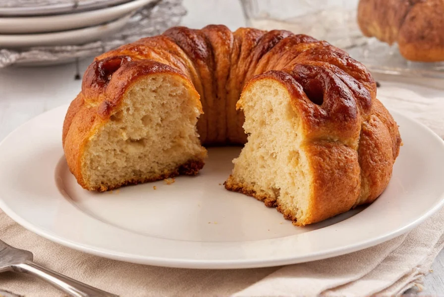 Finished monkey bread with cinnamon rolls served on a white plate with powdered sugar dusting and caramel drizzle
