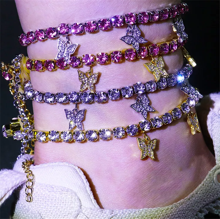 

2020 hip hop Gold Diamond Tennis Butterfly anklets foot jewelry for women