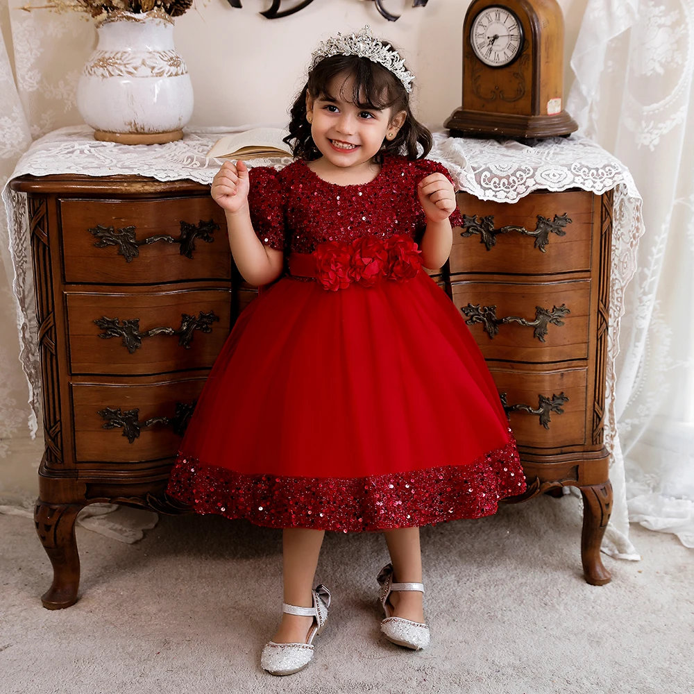 

Baby Girls Formal Dress Tulle Flower short Sleeves sequins Special Occasion Shower Birthday Christening Gowns 0-4 years