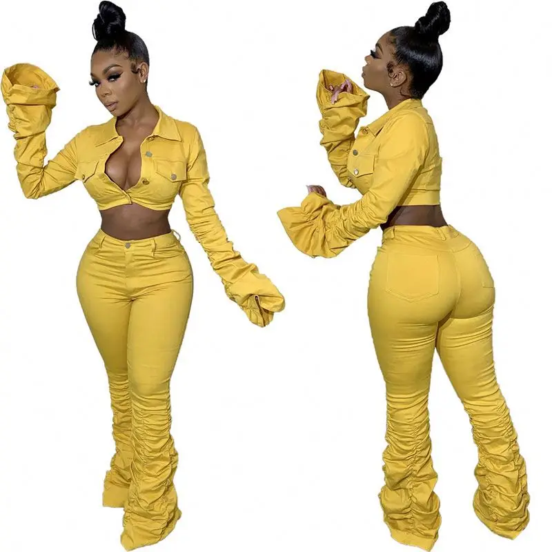 

2021 new arrivals fashion women two piece set solid color women stacking pants two piece sets
