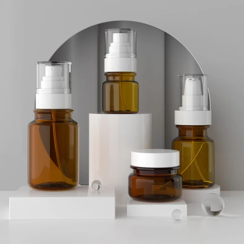 

Amber plastic bottle with sprayer cosmetic lotion pump bottle
