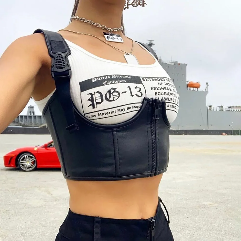 

Streetwear Punk PU Leather Crop Top Women Buckle Zipper Gothic Tank Top Suspenders Strap Summer Tops Camisole Clothes C13270