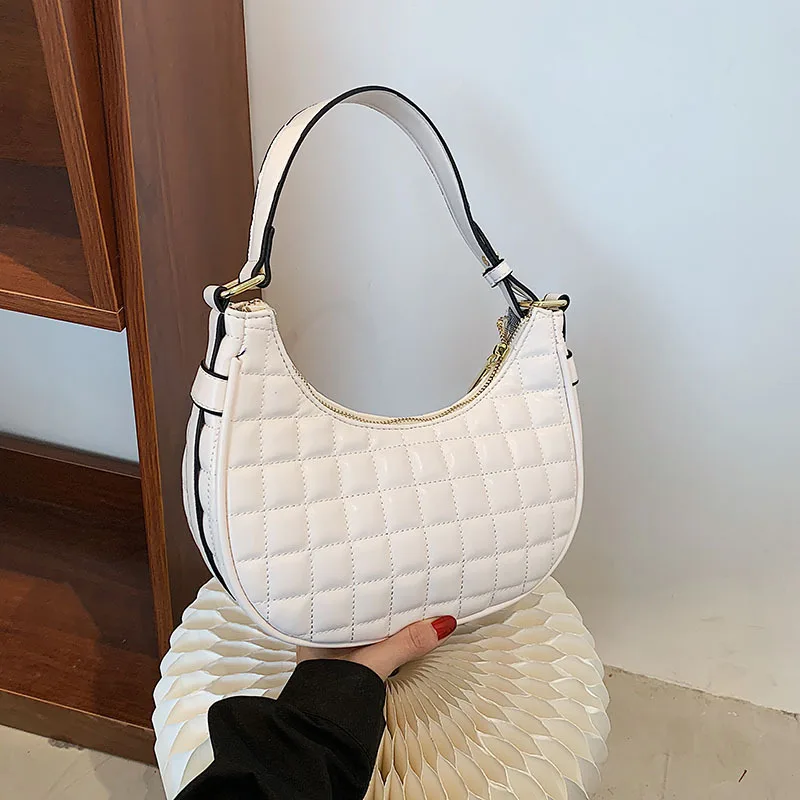 

fashion large capacity geometric pu leather half moon purses and handbags ladies designer quality shoulder woman hand bag, White, black