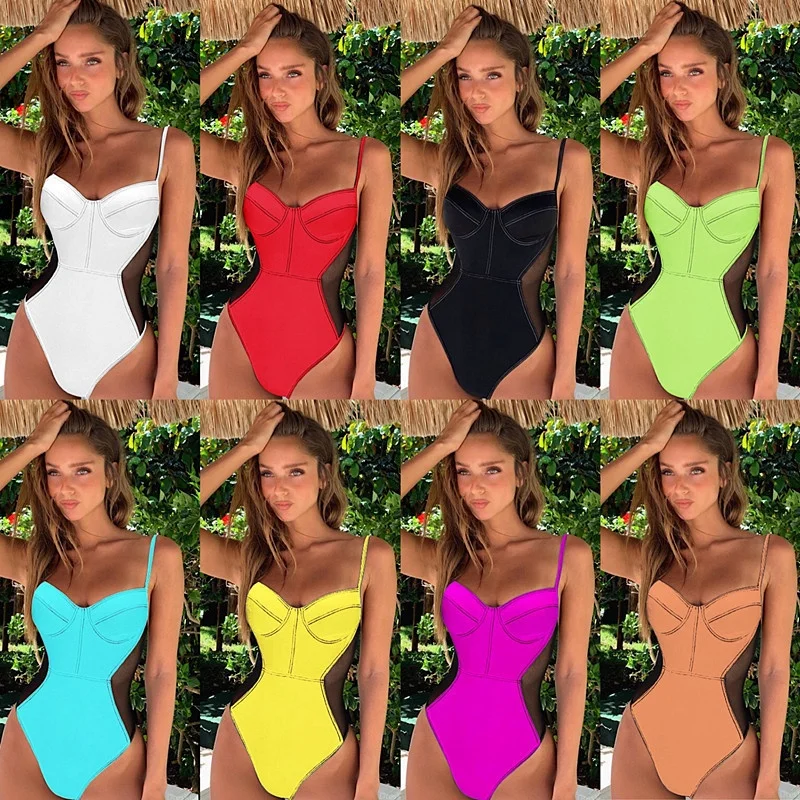 

76263 Zoom Life Ladies Sexy Beach Sports Hard One-Piece Swimsuit Bikini Solid Color Stitch Sling Beach Bikini Body Shaping Suit, 8 color