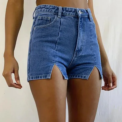 

Blue Denim Shorts Women High Waist Straight Leg High Stretch Split Streetwear Jeans Shorts Office Lady Short Jeans 2021 Summer, Picture