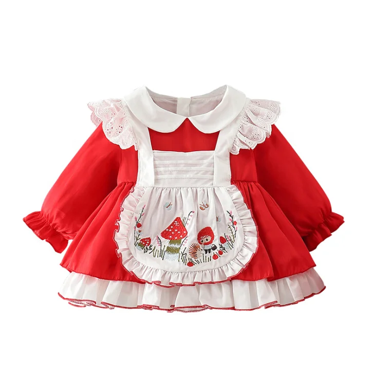

1-3 Years Baby Kids 2021 Spring New Long-Sleeved Spanish Girls Dress Cute Red Lolita Skirt Princess Dresses 99% Cotton