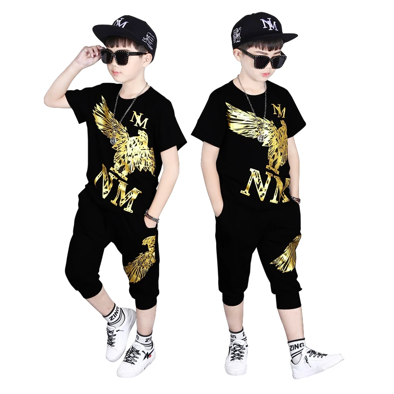

Children's suit 4-12 casual boys' suit printed T-shirt Capris sports boys' suit