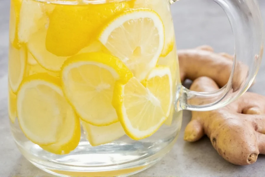 Fresh lemon slices and ginger root in glass pitcher with water