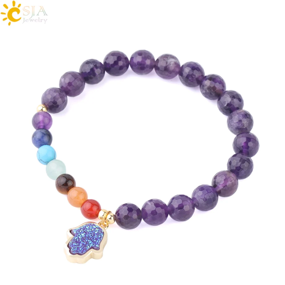 

CSJA 7 chakra friendship crystal bracelet natural purple amethyst stone bead hamsa hand charm jewelry bracelet F702