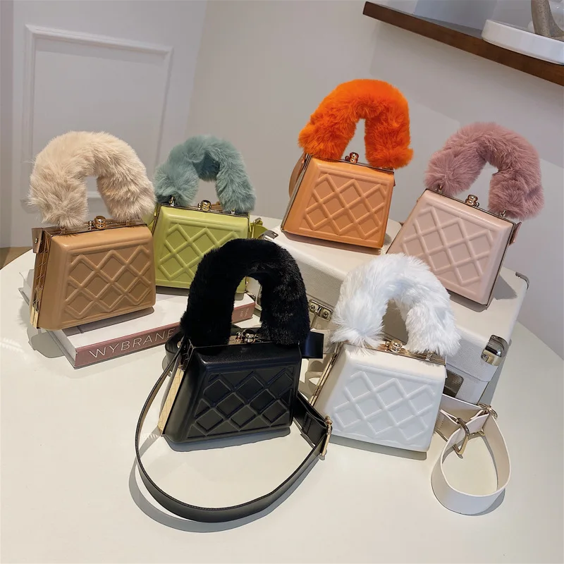 

Fall pluff handle fashion solid color lattice small women hand bags ladies shoulder messenger mini handbag winter fur purse, 6colors