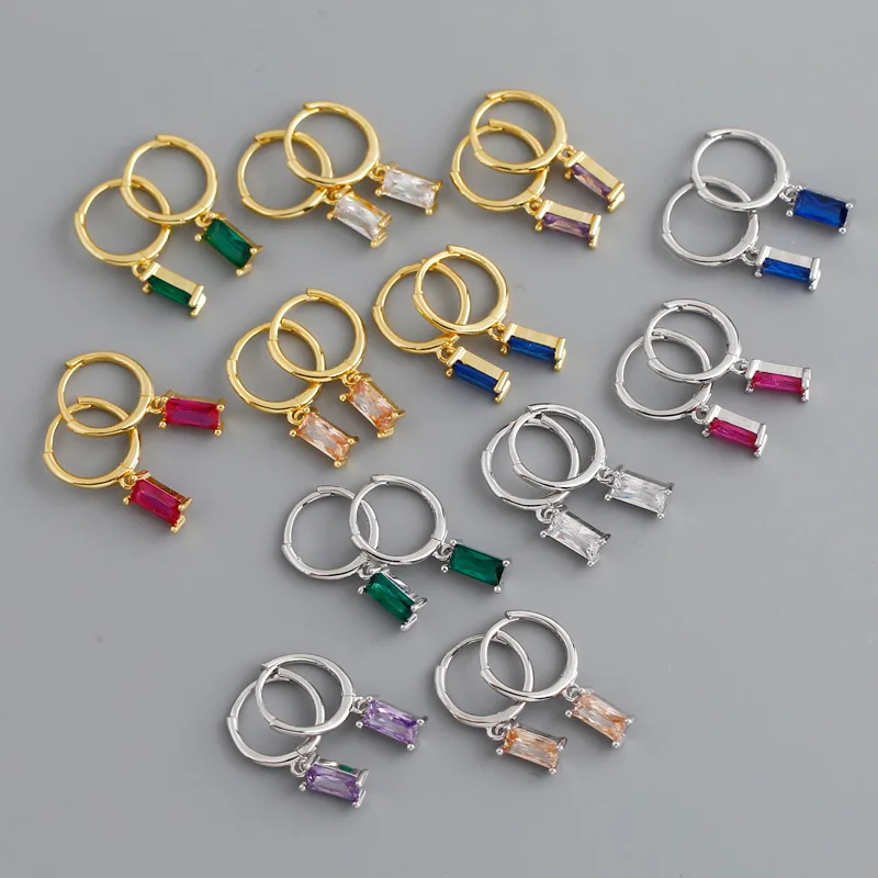 

S925 Sterling Silver Ear Jewelry Rectangle Colorful Crystal Zircon Charm Pendant Hoop Earrings, Gold/silver color