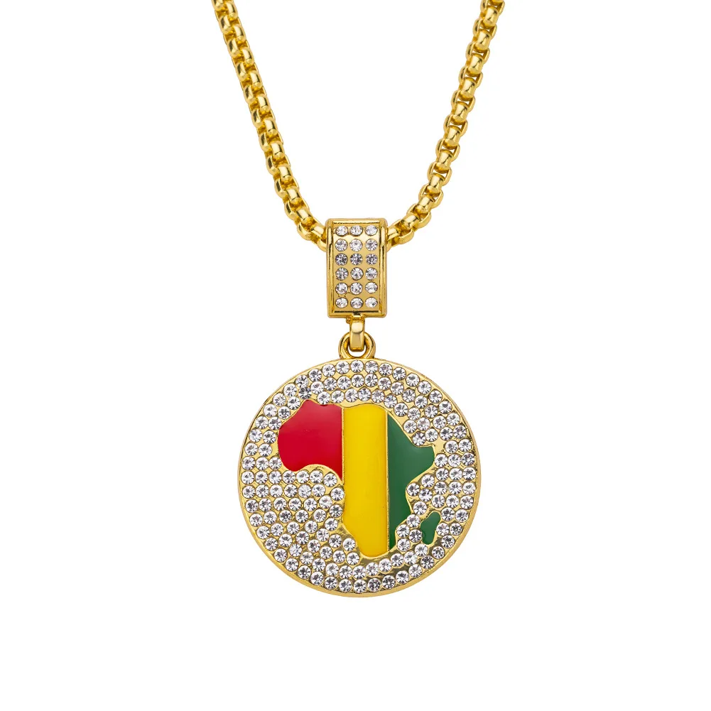 

Hip Hop Jamaican Round Africa Map Necklace European and American Diamond Fashion Jewelry Gemstone Stainless Steel Jewelry Sets