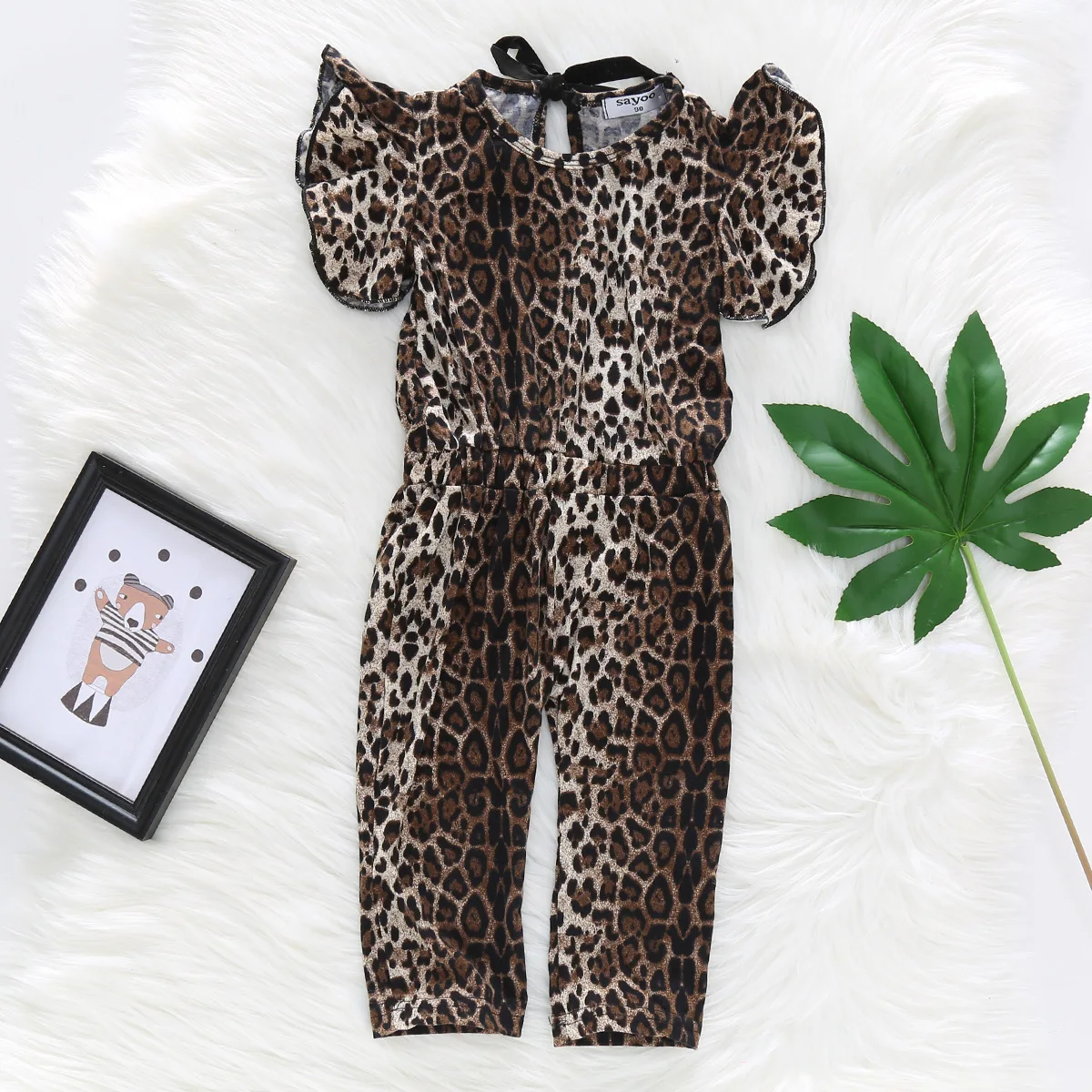 

Children Girl Cotton Leopard Print Fly Sleeve Romper Jumpsuits