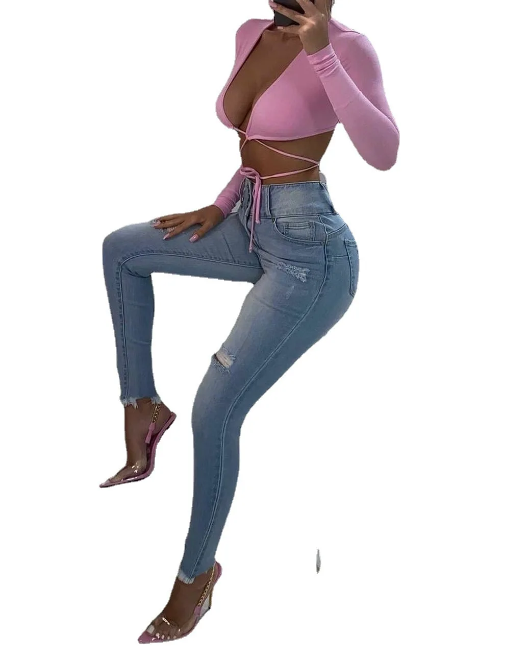 

CL-559 Latest Design Hot High Waist Ripped Sexy Women Denim Jeans Streetwear Skinny Pants Pencil Women's Trousers, Blue