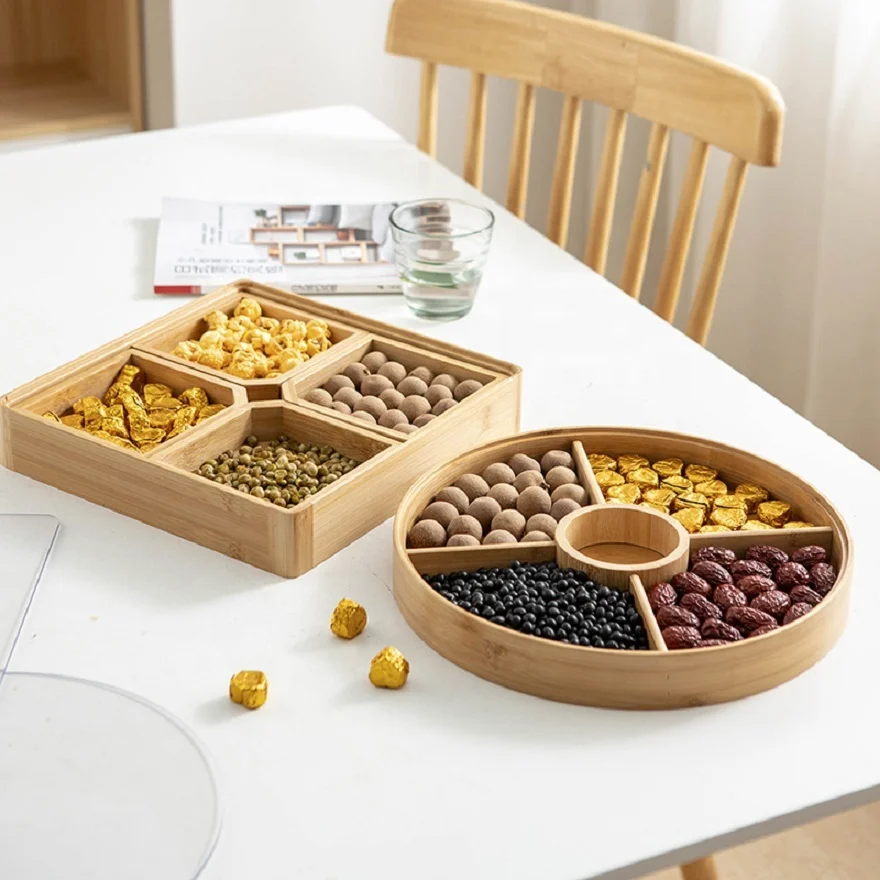 

Hot selling bamboo dried fruit plate acrylic with lid divided grid wooden nut plate living room home New Year snacks candy plate