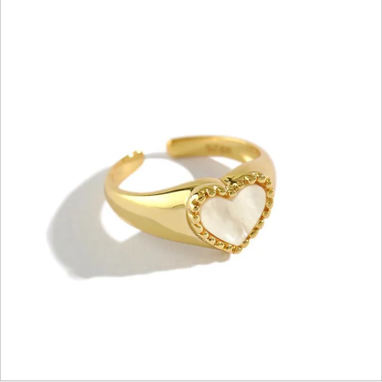 

Shiny shell S925 silver 18K gold plated heart shell gorgeous jewelry INS design custom opening adjustable ring for woman