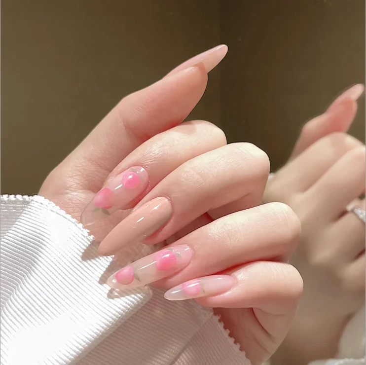 

24Pcs Long Ballet Fake Nails Peach Pink Wearing Press On Nails Waterproof Detachable Glue Nail Sticker