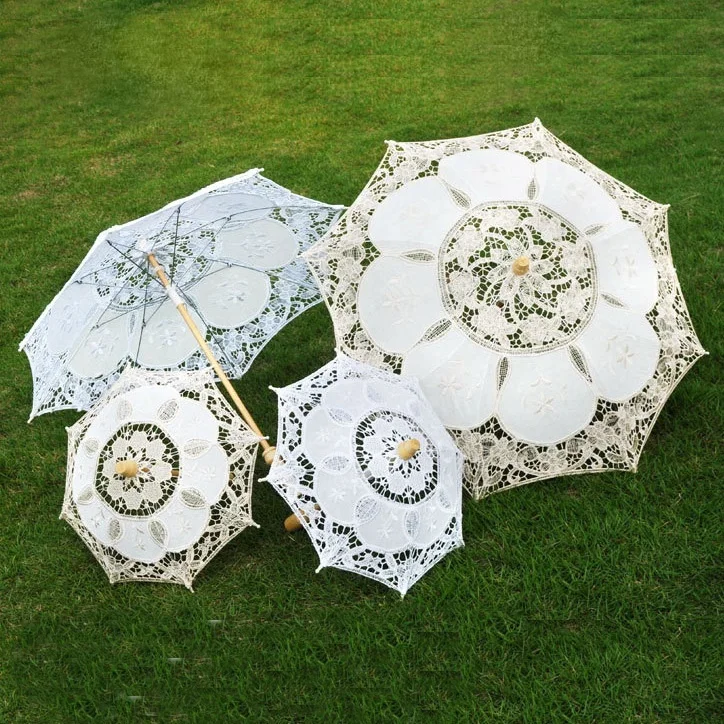 

15cm/30cm Embroidery Cotton Lace Umbrella Wedding Parasol Kids Gifts Photo Props, White, ivory, red, pink etc