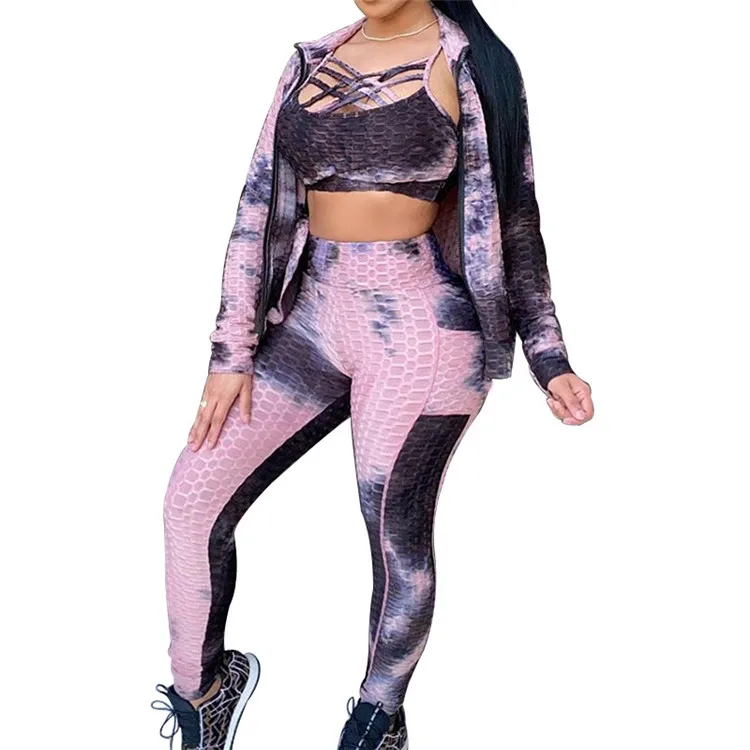 

Women 3 Piece Pants Sets Tie Dye Spaghetti Strap Crop Top+bodycon Sweatpant+long Sleeve Jackets 2021 Jogger Sets For Ladies, As picture