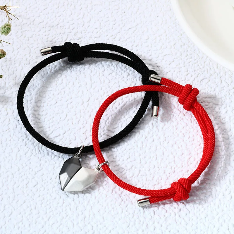 

SL100 Valentine's Day Gift Jewelry Stitching Heart Braided Rope Charm Adjustable Couple Magnetic Bracelet, Black and white, black red, black powder, black, white