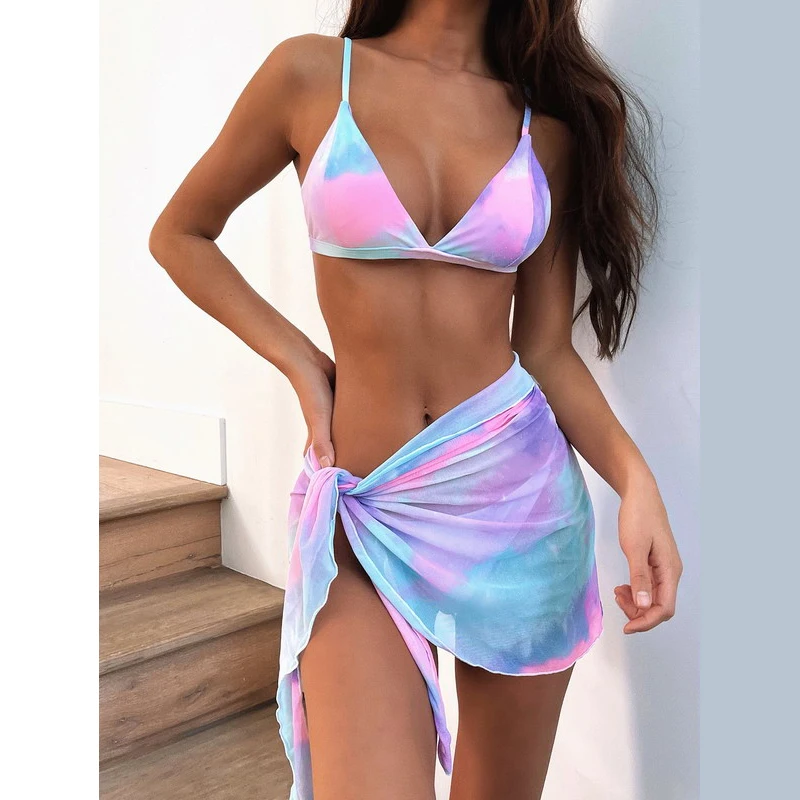 

High Quality New Tie Dye Outer Single 3 Piece Sexy Bikini Fashion Breathable Split Swimwear Beachwear, As pictures